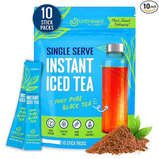 Unbrewed Planet Instant Iced Tea ??100% Pure Black Tea ??10 Single Serve Stick Packs ??Unsweetened ??Vegan ??Gluten Free ??On-the-Go for Travel, Work, Outdoors