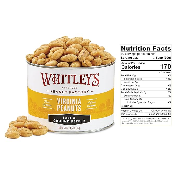 Whitley?셲 Salt & Ground Pepper Virginia Peanuts ??Super Extra Large 'Home Cooked' Virginia Peanuts (20 Ounce Tin)