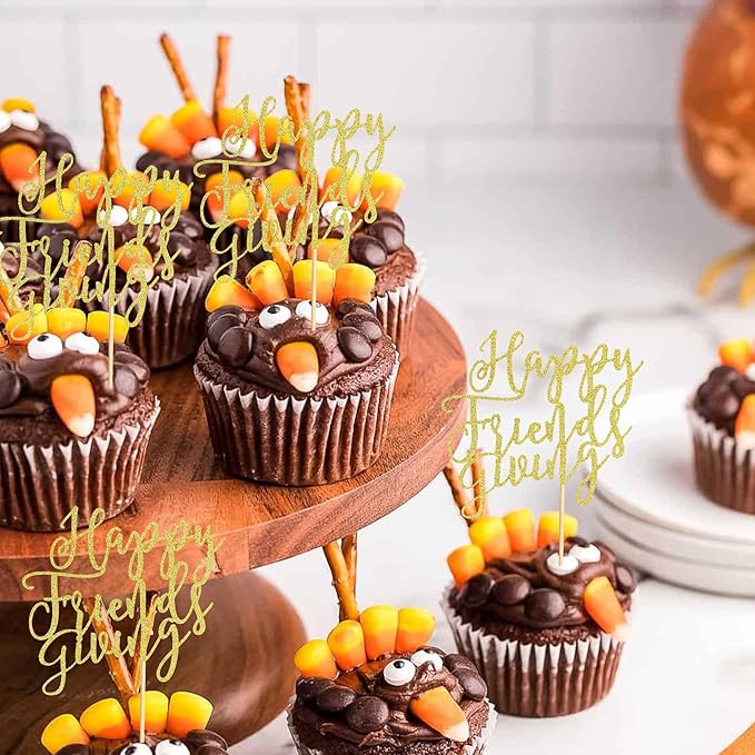 24Pcs Happy Friendsgiving Cupcake Toppers Fall Theme Thanksgiving Cupcake Picks Give Thanks Cake Decorations for Happy Thanksgiving Day Theme Birthday Party Supplies - Gold Glitter
