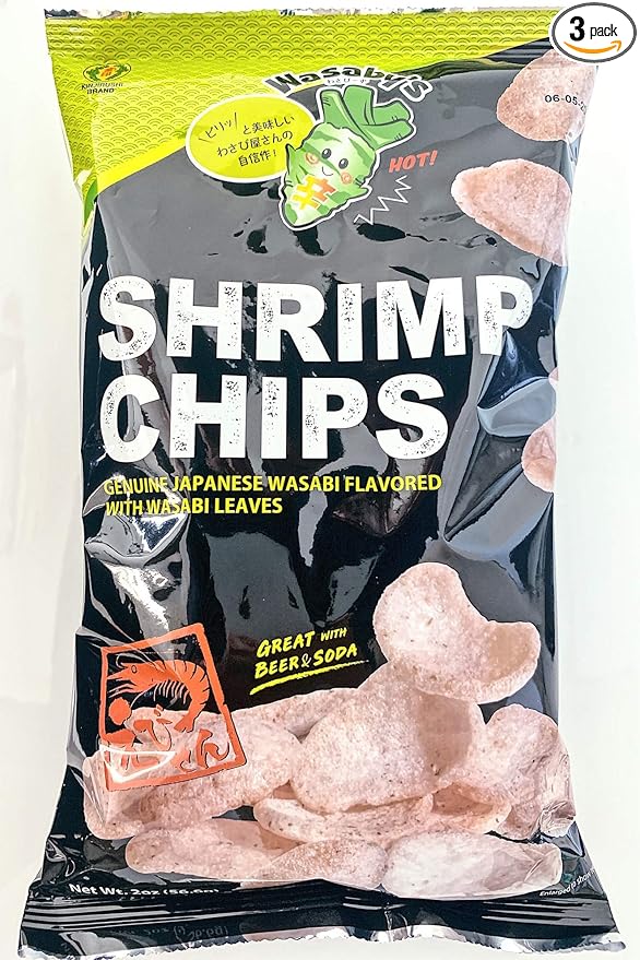 Genuine Wasabi Shrimp Chips(Pack of 3) - 2 oz- Japanese Snacks, Wasabi Powder, Japanese Chips, Prawn Crackers, Spicy Wasabi Flavor, School Snack, Light and Crispy - Kinjirushi Brand