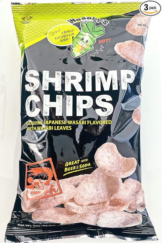 Genuine Wasabi Shrimp Chips(Pack of 3) - 2 oz- Japanese Snacks, Wasabi Powder, Japanese Chips, Prawn Crackers, Spicy Wasabi Flavor, School Snack, Light and Crispy - Kinjirushi Brand