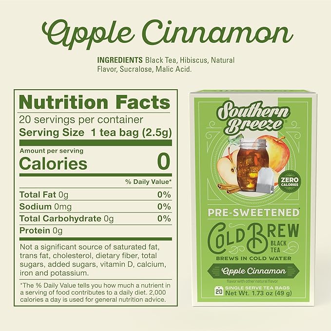 Southern Breeze Cold Brew Sweet Tea Apple Cinnamon Iced Tea with Black Tea and Zero Carbs Zero Sugar, 20 Individually Wrapped Tea Bags