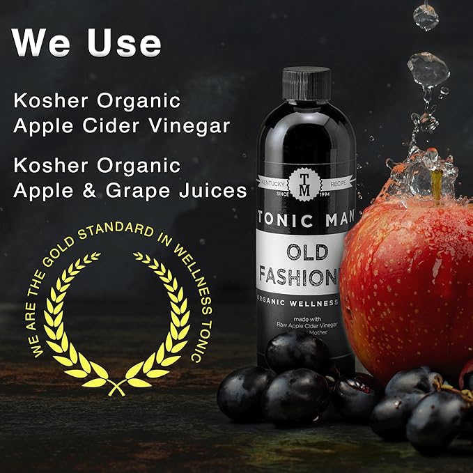 Tonic Man Old Fashioned Organic Wellness Tonic Made with Raw Apple Cider Vinegar Kosher Organic Apple & Grape Juices 12 Herbs & Spices Energize Body | Immunity Booster Non-GMO 16oz Bottle Pack of 4