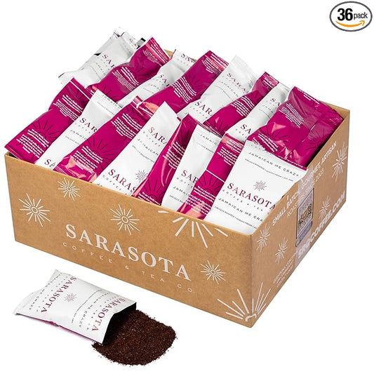 Sarasota Coffee Ground Packets | Gourmet Flavored Medium Roast Bulk Coffee Packs | Jamaican Me Crazy | Low Acid Mold Free Singles Individual Pouches for 12 Cup Coffee Maker | 2 Ounce Bags, 36 Count