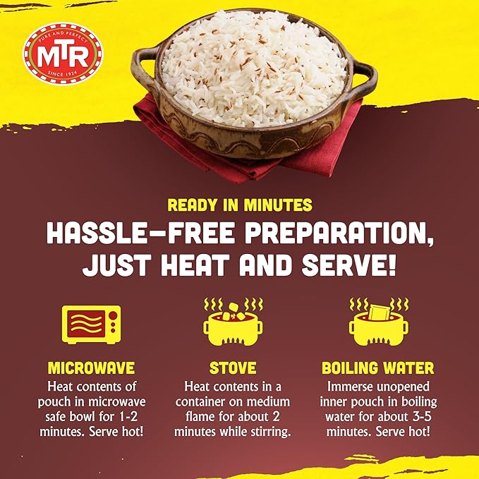 MTR Ready-To-Eat: Jeera Rice - Cumin Rice - Microwavable Rice Packs for Instant Meals - Delicious & Nutritious Rice Ready in Minutes - Suitable for Vegetarians with Natural Ingredients - (Pack of 6)