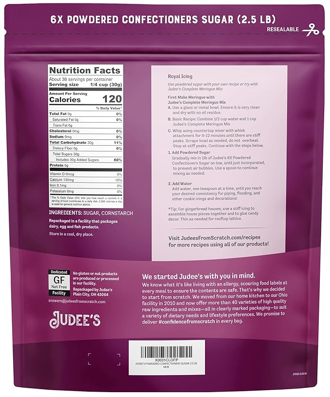Judee?™s 6X Powdered Confectioners Sugar 2.5 lb - 100% Non-GMO, Gluten-Free, and Nut-Free - 6X Size Perfect for Icings, Frostings, and Dusting Baked Goods