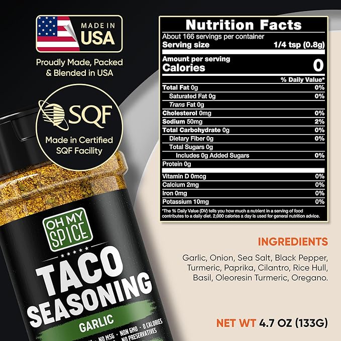Taco Seasoning Mix Garlic Powder - Gluten Free & Low Sodium Mexican Seasoning Blend for Taco Tuesday Night. Garlic and Herb Seasonings for Fajita & Burrito. Meat, Chicken & Fish Tacos Toppings. 4.7oz