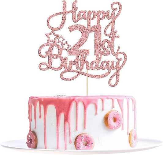 1 Pack Happy 21st Birthday Cake Topper - Rose Gold Glitter '21 & Fabulous' - Cheers to 21 Years Old Cake Pick for Celebrating Anniversary Party Decorations Supplies