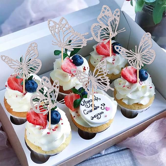 Rsstarxi 24 Pack Butterfly Cupcake Toppers Glitter Assembled Hollow Butterfly Baby Shower Cupcake Picks Wedding Engagement Bridal Shower Kids Birthday Party Cake Decorations Supplies Silver