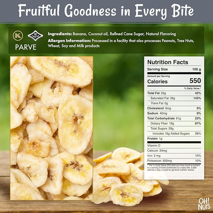 Oh! Nuts Dried Banana Chips - Sweetened Dehydrated Banana Chips - 1 lb - Bulk Bag for Snacking and Baking
