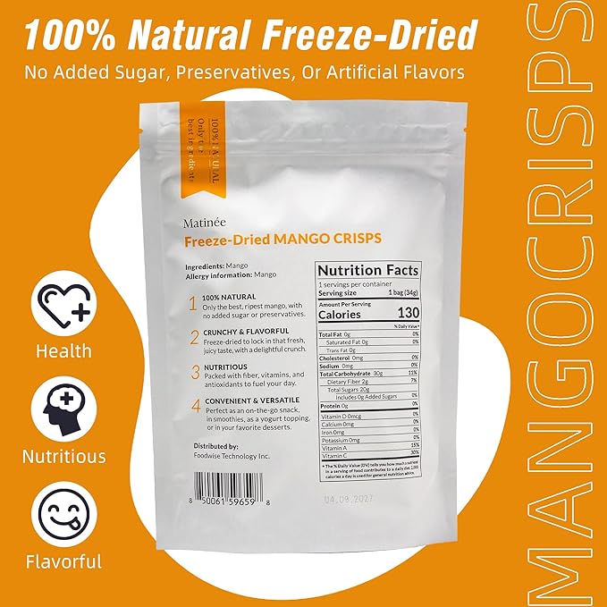 MATINÉE Freeze Dried Mangoes, Dehydrated Fruit, Dried Fruit Snack for Baking, Yogurt & Kids Treats-Vegan, Non-GMO, Preservative Free, 1.2oz, 34g (Pack of 4 Bag)