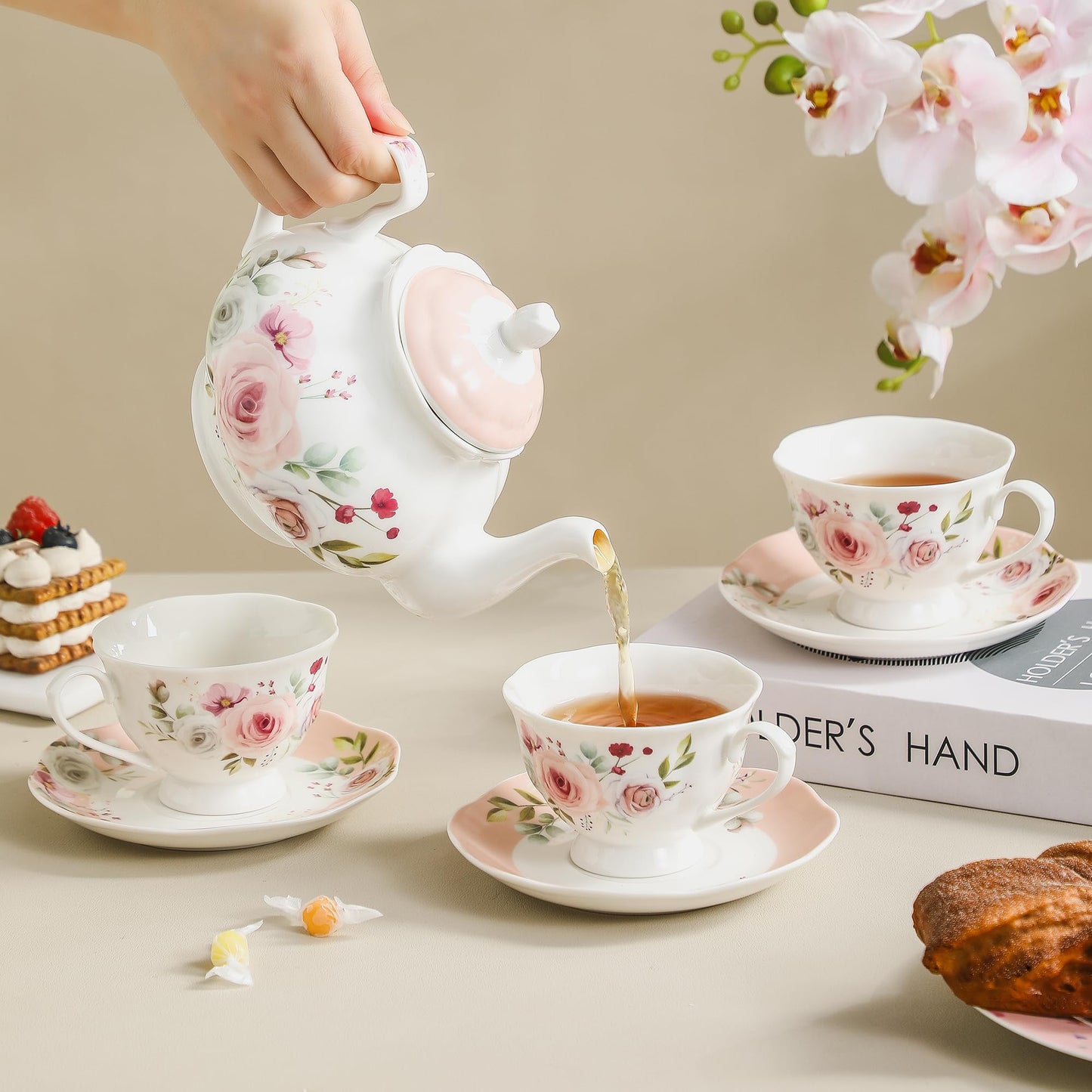 PRECITIME 6oz Floral Porcelain Tea Cup & Saucer Set of 6, Pink Rose, Party