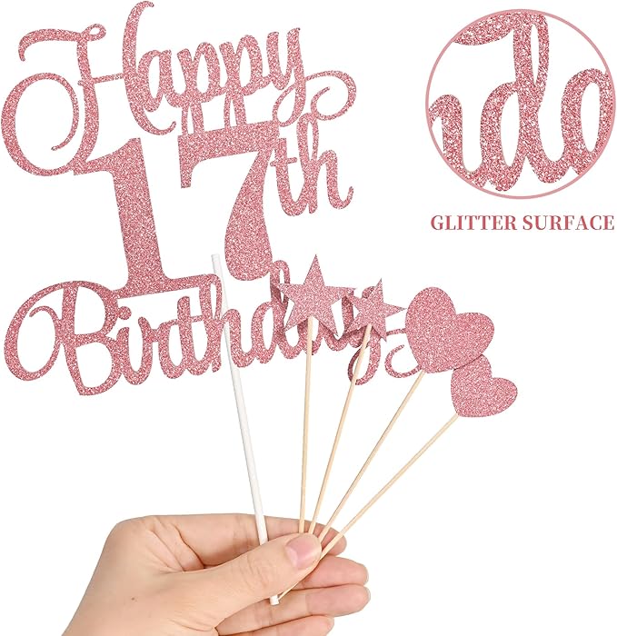 17th Birthday Cake Decorations, 17th Birthday Candles Cake Numeral Candles and Glitter Happy 17th Birthday Cake Toppers Set for Birthday Party Supplies (Rose Gold)