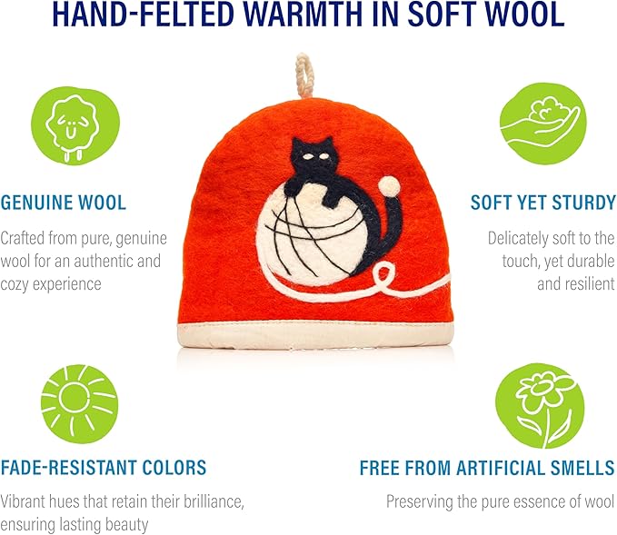 Tea Cozy for Teapot Large - Keep Your Brew Warm and Stylish with This Felted Tea Cosy, Enhancing Flavor and Aesthetics - Fits 6-Cup Teapot & 34oz French Press (Black cat, red)