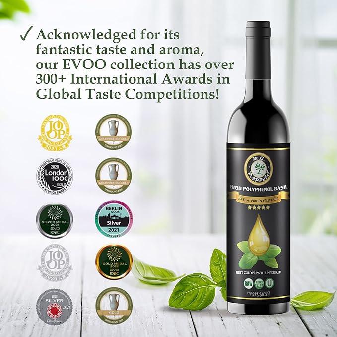 M.G. PAPPAS High Polyphenol Rich Basil Infused Olive Oil - Extra Virgin Olive Oil - Over 500mg/kg - Cold Pressed & Unfiltered - High Hydroxytyrosol Greek Olive Oil - Award Winning