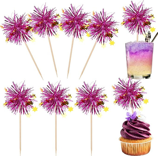 Rsstarxi 30 Pack Foil Firework Cupcake Toppers Sparkle Tinsel Drink Stirrers Birthday Cake Decoration Cocktail Food Toothpick for Happy Valentine's Day Wedding Graduation Party Decorations Purple
