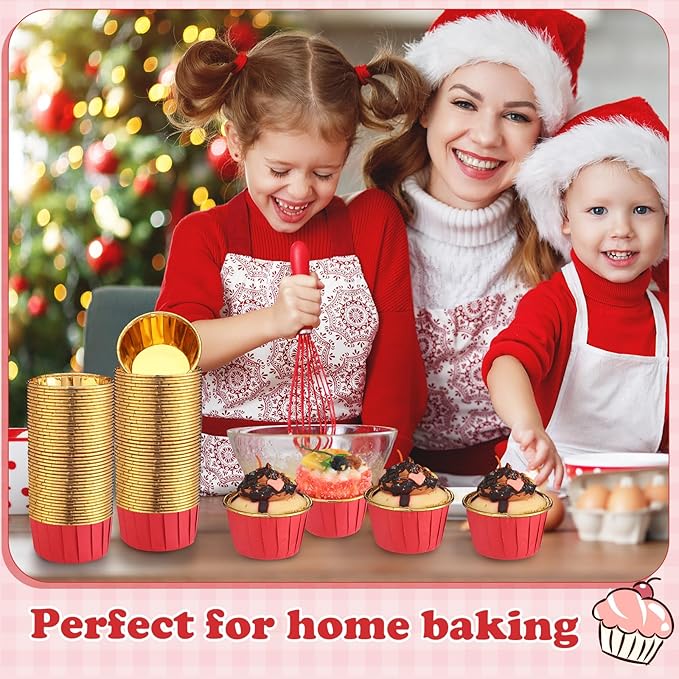 300 Pack Red Gold Cupcake Cups Bulk Disposable Foil Muffin Liners 3.5 oz Wrappers for Baking Aluminum Paper Mini Metallic Disposable Holiday Party Wedding Festival Supply