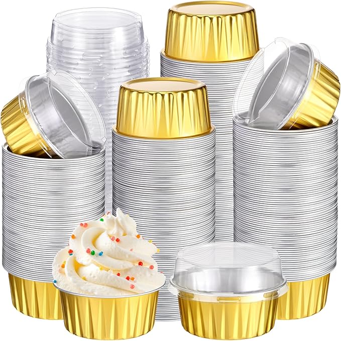 Gejoy 400 Pcs Aluminum Foil Baking Cups with Lids 5 oz Disposable Ramekins Mini Cake Pans Creme Brulee Cupcake Liners Muffin Tins Flan Mold Dessert Container for Wedding(Gold,Classic)