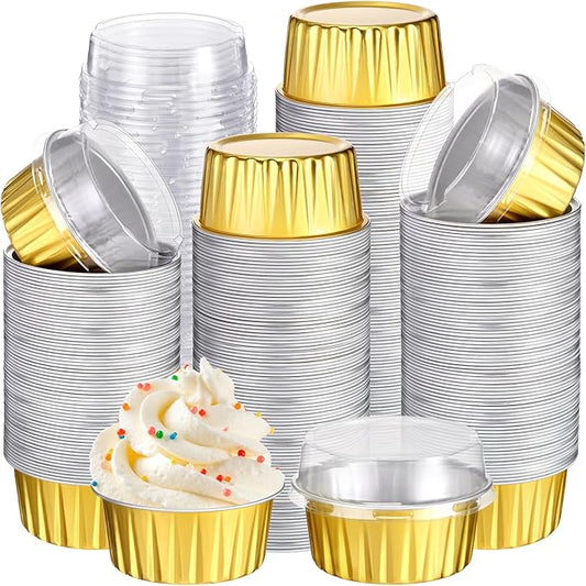 Gejoy 400 Pcs Aluminum Foil Baking Cups with Lids 5 oz Disposable Ramekins Mini Cake Pans Creme Brulee Cupcake Liners Muffin Tins Flan Mold Dessert Container for Wedding(Gold,Classic)