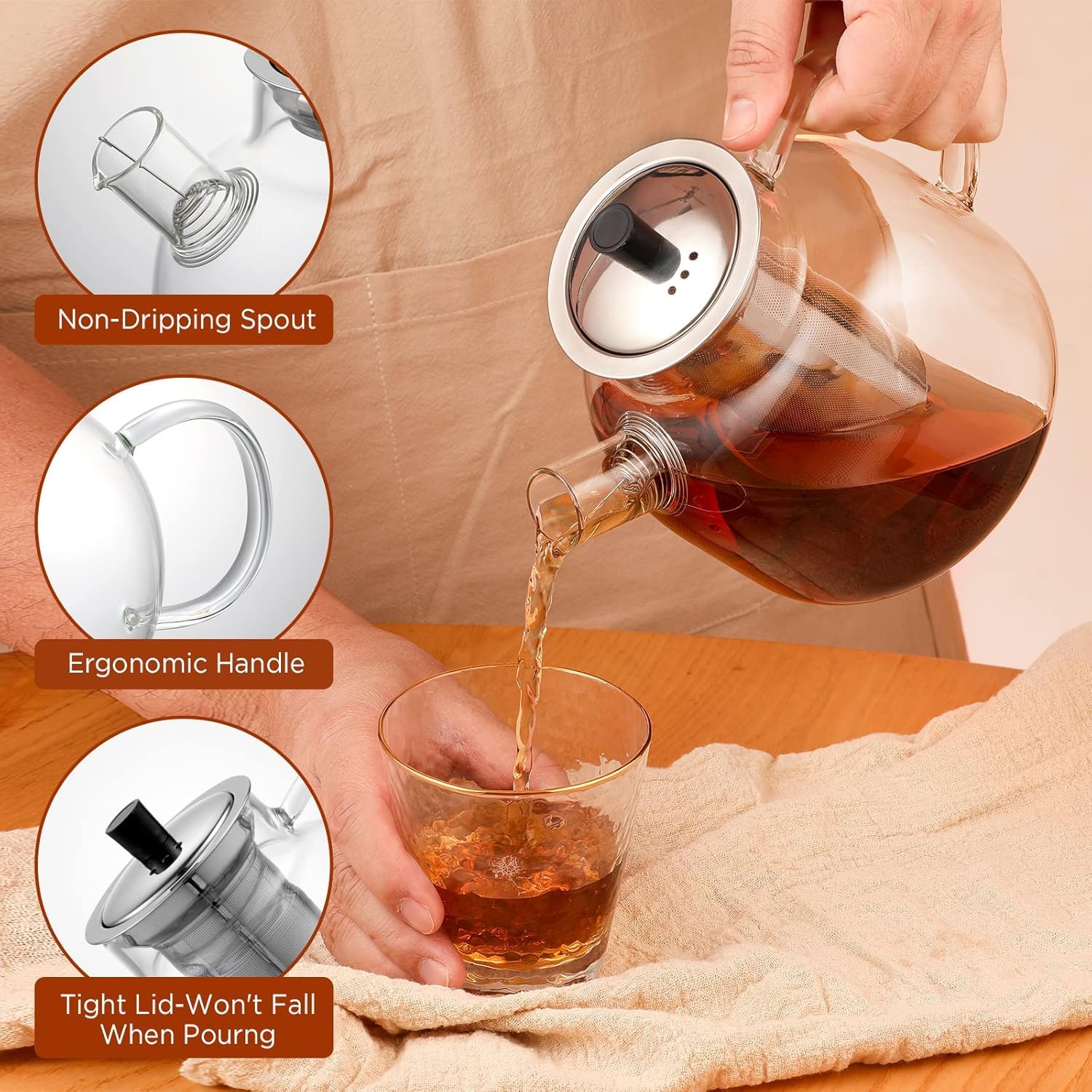 1500ml(50oz) Glass Teapot with Removable Infuser, Ehugos Stovetop Safe Large Tea Pot, Blooming and