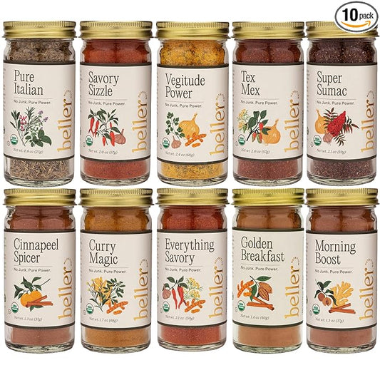 Beller Nutrition Organic Spice Blend Collection | 10-Pack | Morning Boost, Super Sumac, Tex Mex, Vegitude, Cinnapeel, Everything Savory & More | No Salt Added, No Artificial Ingredients, USDA Organic Seasonings for Cooking & Baking