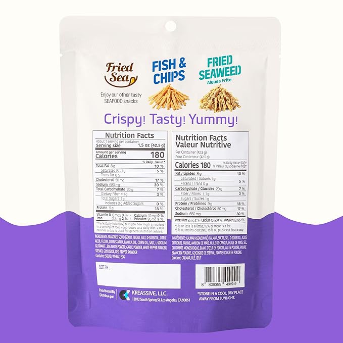 Calamari Chips Made with Real Squid [ 3 PACK ] Crunch + Crispy Healthy Snacks, Low Calorie Finger Food, Asian Snack ON THE GO by [FRIED SEA] <180 calories> Made in Korea
