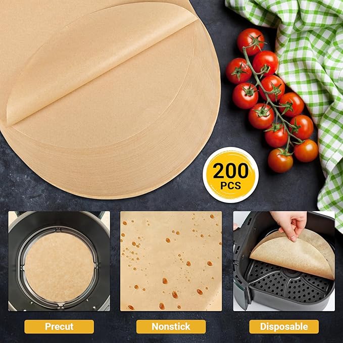 Beasea Air Fryer Round Liners 12 Inch, 200pcs Air Fryer Parchment Paper Unbleached Disposable Fryer Filter Paper Non-perforated Parchment Bamboo Steamer Papers for Air Fryer and Steaming Basket