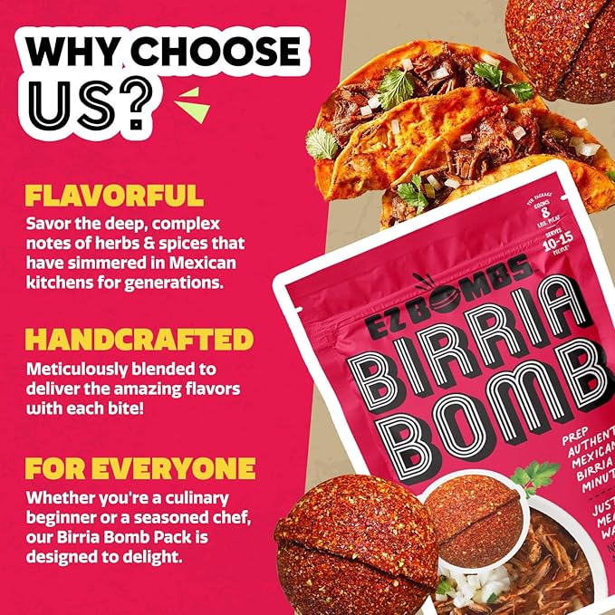 EZ Bombs Birria Bomb Seasoning, Pack of 2 – Authentic Mexican Spice Mix for Tacos, Burritos, Nachos, and Quesadillas – Made with Real Chiles, Herbs, and Spices for Quick and Flavorful Meals