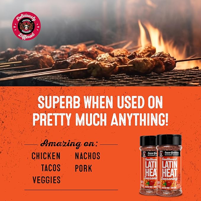 Sauce Goddess Southwest Latin Heat Shaker (2-Pack) - BBQ Rub with Tons of Cumin and Oregano Flavor, Cayenne, and New Mexican Red Chiles. No Sugar, Low in Sodium, Gluten-Free