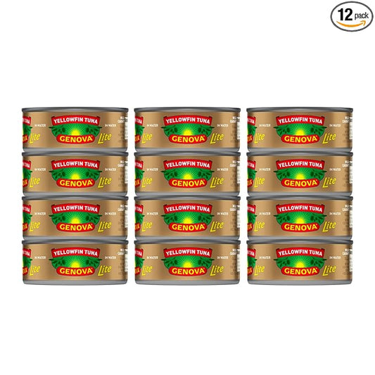 Genova Premium Lite Yellowfin Tuna in Water, Wild Caught, Solid Light, 5 oz. Can (Pack of 12)