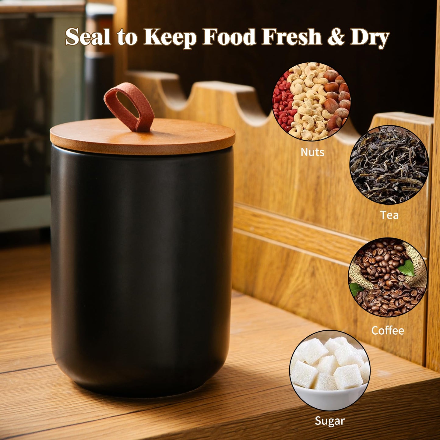 Mowtanco Ceramic Canister Set (30 oz, 48 oz, 82 oz) – Black Ceramic Jar Set with Airtight Bamboo