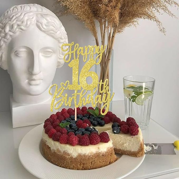 1 PCS Happy 16th Birthday Cake Topper Glitter Cheers to 16 Years Birthday Cake Pick Sixteen Sweet 16 Cake Decoration for Happy 16th Birthday Anniversary Theme Party Decorations Supplies Gold