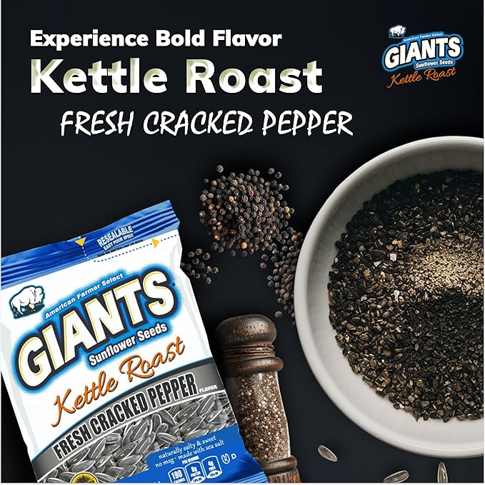 GIANTS Kettle Roast Fresh Cracked Pepper Sunflower Seeds - Sunflower Seeds Bulk, Roasted Sunflower Seeds to Eat, Healthy Snack, 8g Protein Per Serving - 5 oz Resealable Bags (Pack of 3)