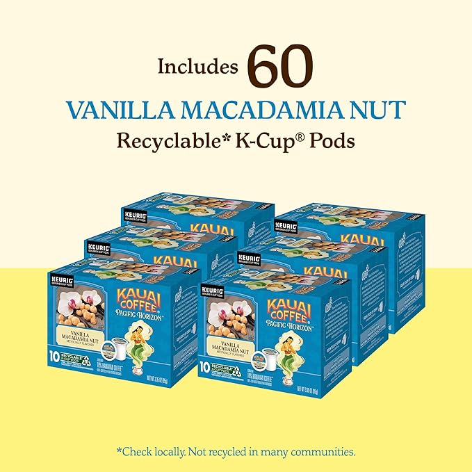 Kauai Coffee K-Cup Pods - Vanilla Macadamia Nut Flavor – Premium Arabica, 10 CT (Pack of 6)