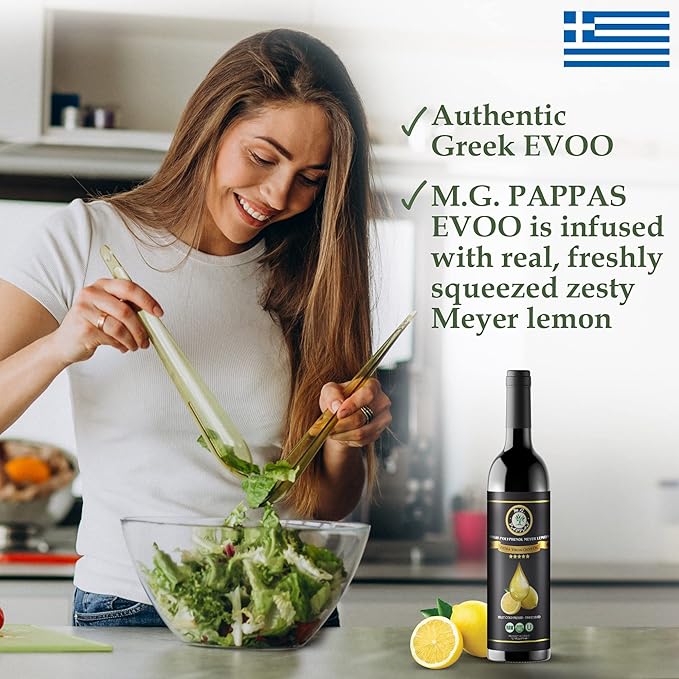 M.G. PAPPAS High Polyphenol Rich Meyer Lemon Olive Oil - Extra Virgin Olive Oil Polyphenol over 500mg/kg - Cold Pressed & Unfiltered - High Hydroxytyrosol Greek Olive Oil - Award Winning 12.7 Oz
