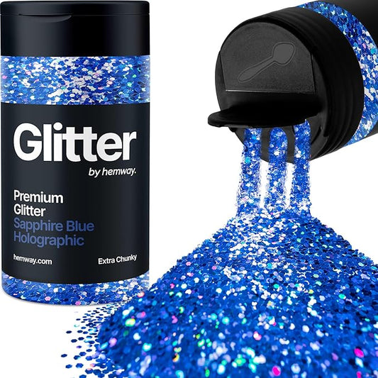 Hemway Premium Glitter Shaker - Sapphire Blue Holographic | 115g Extra Chunky Metallic Flake Sequins for Resin & Epoxy Crafts | Craft Supplies for Tumblers, Festival, Art