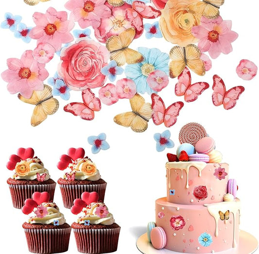 102pcs Edible Butterflies Flower Cupcake Toppers, Edible Cake Toppers Birthday Cupcake Toppers Cake Topper Decorations for Wedding Themed Party Cake Decoration Supplies