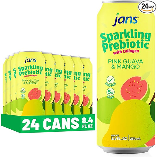 Jans Sparkling Prebiotic with Collagen Soda Beverage ??Pink Guava & Mango 8.4 Fl Oz (24-Pack) ??Low