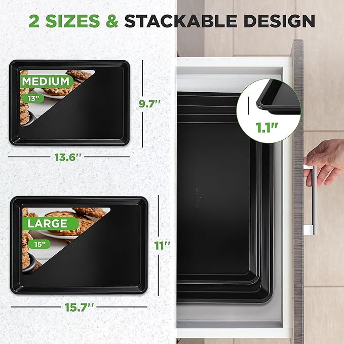 NutriChef 2-Piece Black Non-Stick Cookie Sheet Baking Tray Set - Versatile & Durable Carbon Steel Bakeware Sets, Stackable & Easy-Clean, NC2TRBL