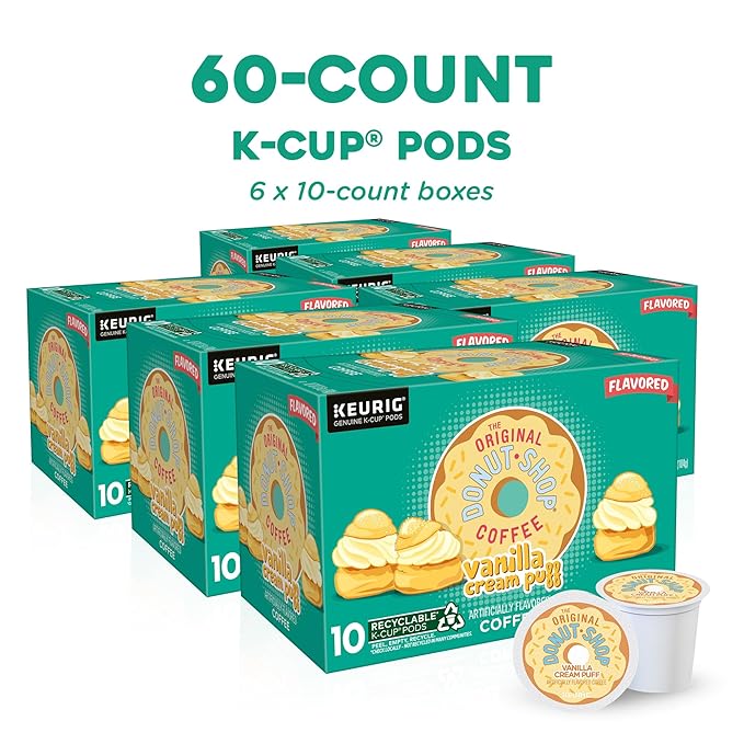 The Original Donut Shop Vanilla Cream Puff Coffee, Keurig Single Serve K-Cup Pods, Medium Roast Coffee, 60 Count, (6 Packs of 10)