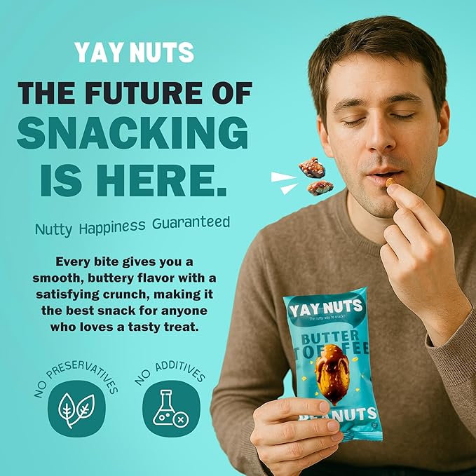 YAY NUTS Butter Toffee Peanuts ??Sweet & Salty Crunchy Roasted Peanuts Coated in Caramelized Butter Toffee - All-Natural, Made in USA ??Guilt-Free Treats for On-the-Go Snacking - 12-Pack of 2oz Bags