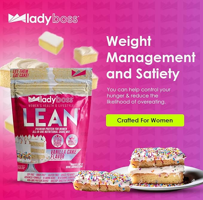 LadyBoss Lean Protein Shake Vanilla Cake Flavor - Meal Replacement & Craving Support with Grass-Fed Whey, 18 Vitamins & Nutrients - 30 Servings