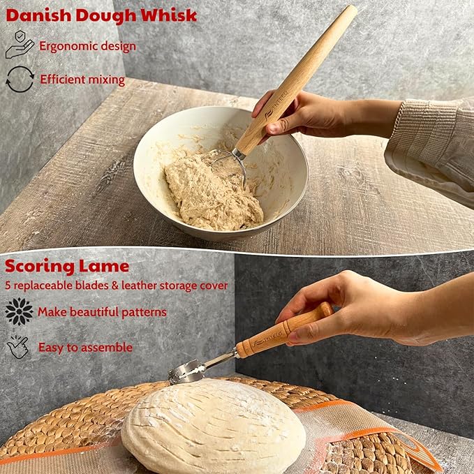 Banneton Bread Proofing Basket, Sourdough Bread Baking Supplies, Sourdough Starter Kit with 9 Inch Banneton Baskets, Silicone Bread Sling, 5 Bread Lame, Scoring Lame, Scraper, Dough Whisk