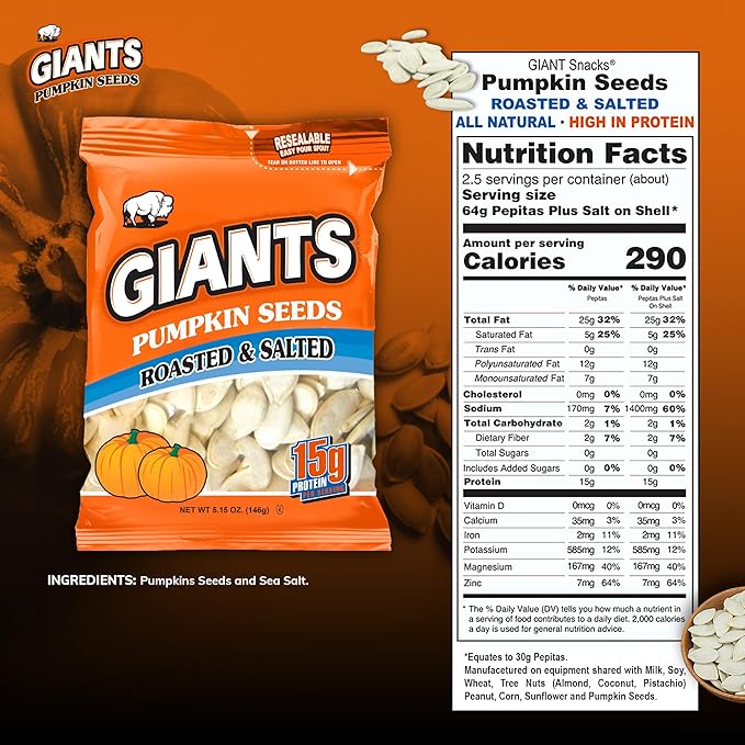 GIANTS Pumpkin Seeds - Pumpkin Seeds in Shell, Roasted and Salted, Whole with Shell, High Protein Snack with 15g Protein Per Serving - 5.15 oz