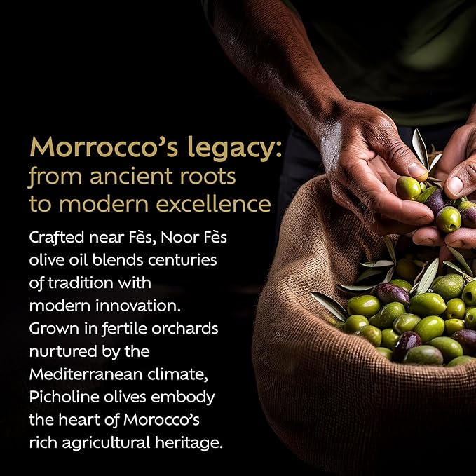 NOOR FÈS 20+ Awards EVOO | Polyphenol Rich 584 mg/kg | USDA Organic Extra Virgin Olive Oil | Moroccan Picholine | Cold Pressed Olive Oil | Great Gift for Chefs | 17 Oz