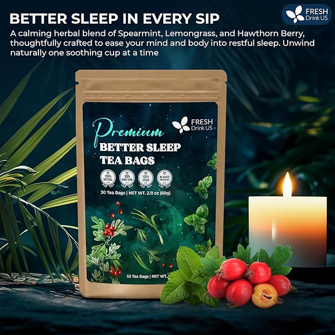 FreshDrinkUS, Premium 55 Tea Bags Better Sleep Herbal Tea | Caffeine-Free Loose Leaf Blend with Spearmint Leaves, Lemongrass Leaves, and Hawthorn Berry ??Naturally Refreshing and Aromatic.