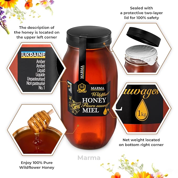 HONIGMA® Marma Wildflower Honey | Authentic Raw Honey from Ukraine | 100% Pure & Unpasteurized | 1000g/35.2oz | May Arrive Crystallized or Partially Crystallized | Pack of 1