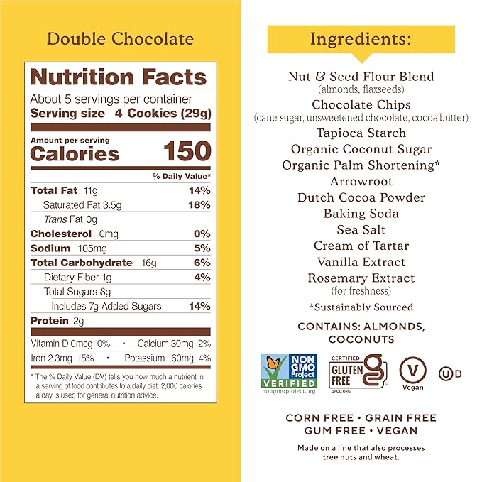 Simple Mills Almond Flour Crunchy Cookies, Double Chocolate Chip - Gluten Free, Vegan, Healthy Snacks, Made with Organic Coconut Oil, 5.5 Ounce (Pack of 1)