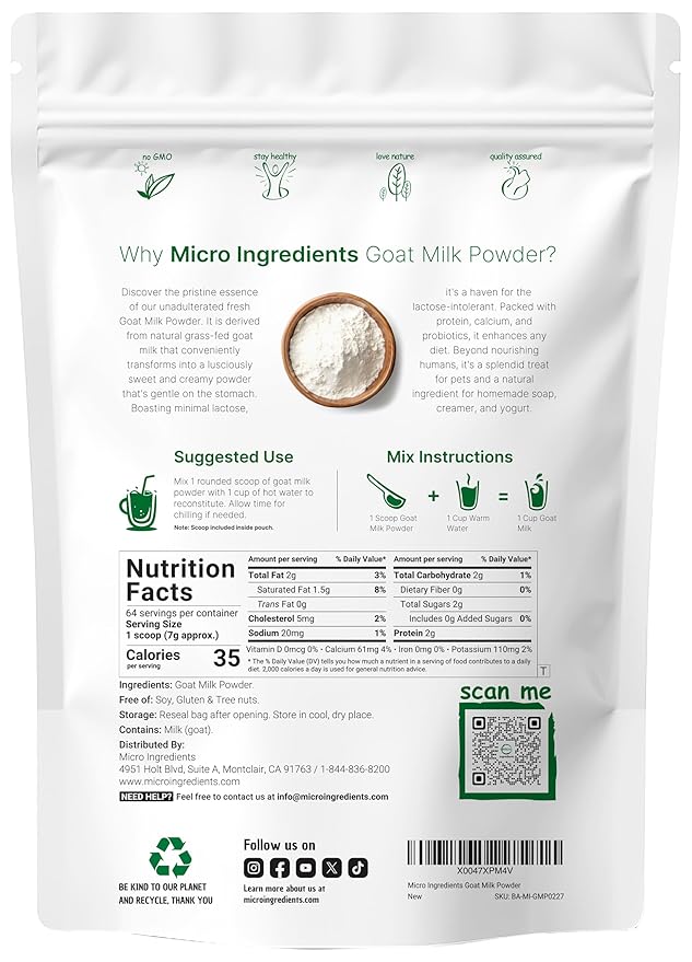 Micro Ingredients Goat Milk Powder, 1 Lb | Grass-Fed Australian Source | Pure, Easily Digested Formula | High in Protein, Calcium & Probiotics | Non-GMO, Gluten-Free, Pet Friendly