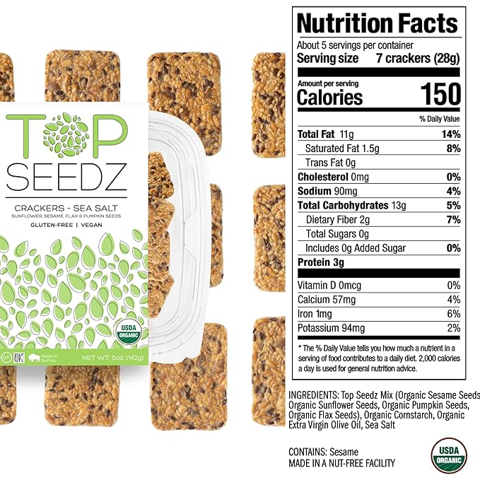 Top Seedz Deluxe Organic Gluten Free Vegan Seed Crackers and Roasted Seeds Bundle | 1 Pouch of Maple Magic Roasted Seeds | 5 Packs of Mixed Crackers